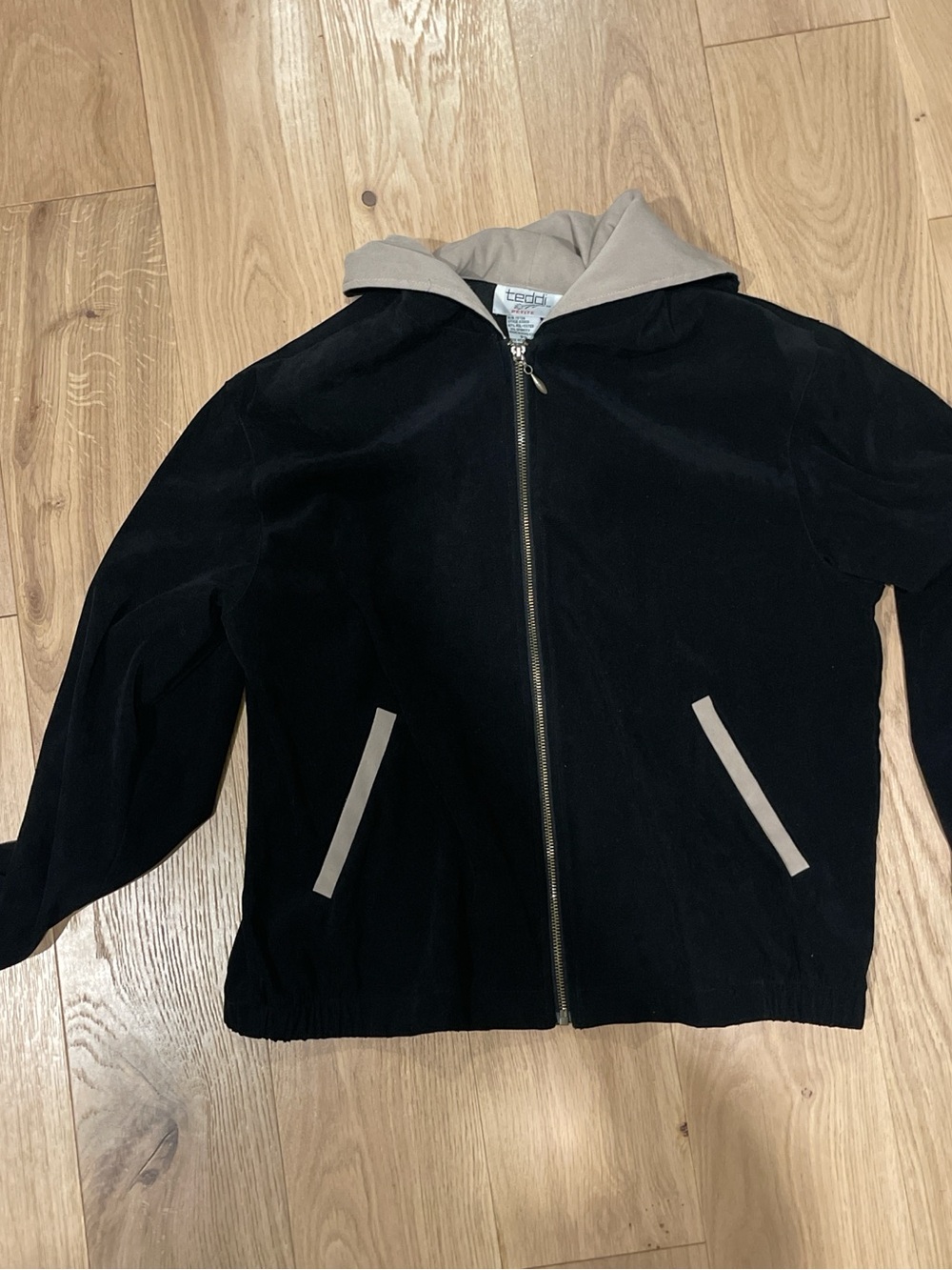 Vintage Teddi Black Hooded Zip bomber style Jacket with Beige Trim petite small